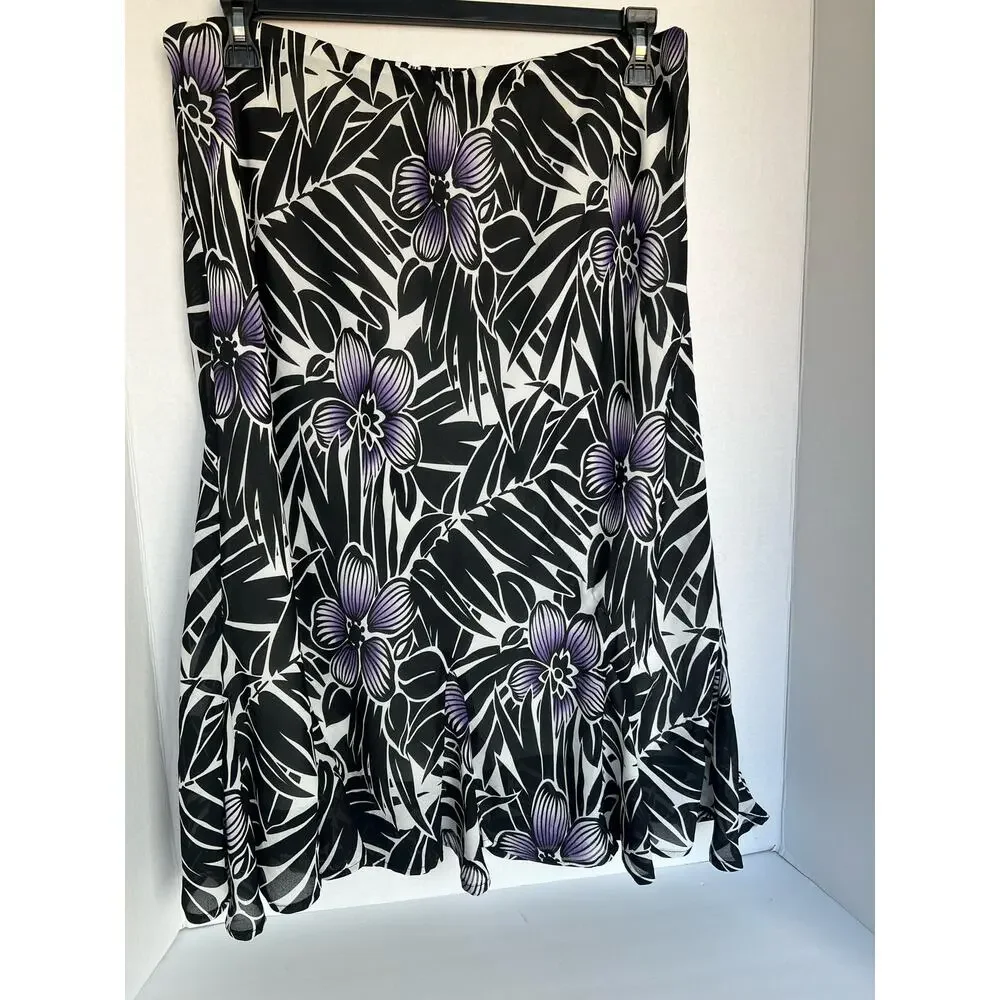 Laura‎ Scott Woman Chiffon Purple Floral Black White Ruffle Edge Skirt Sz 16W
